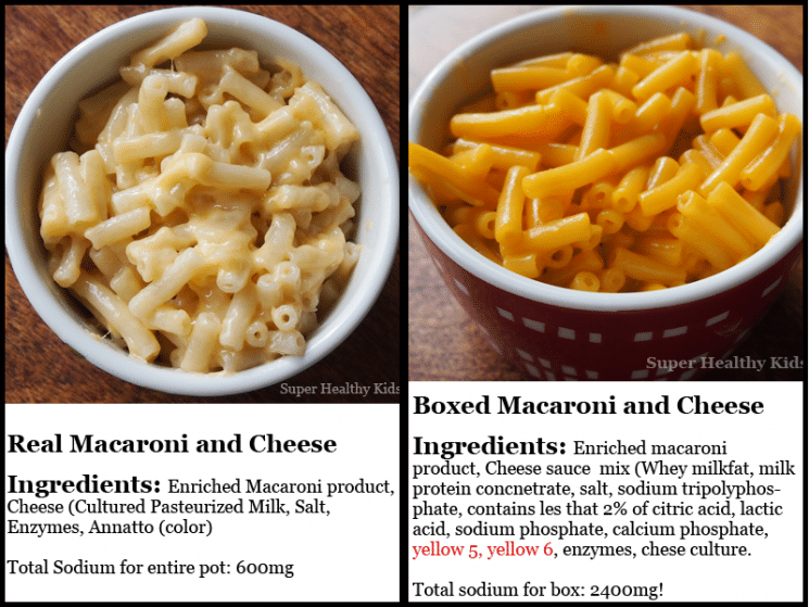 Compare real macaroni and cheese with boxed- Super Healthy Kids